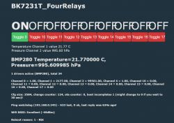 User interface of the BK7231T_FourRelays development board with temperature and pressure readings and control toggles.