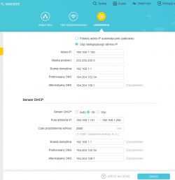 Ustawienia sieciowe na routerze TP-Link TL-WA850RE z czasem przydzielania adresu 2880 minut.
