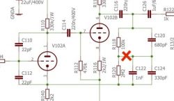 Fragment schematu elektrycznego z zaznaczonym uszkodzonym miejscem.