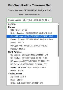 Timezone settings menu with dropdown list in Evo Web Radio interface
