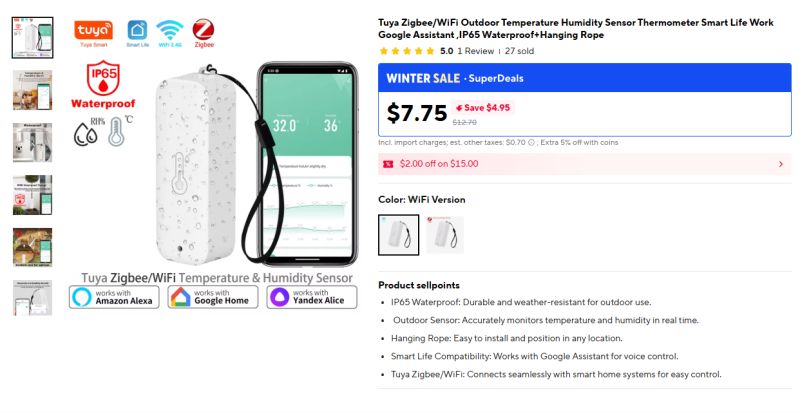 Tuya Zigbee/WiFi temperature and humidity sensor with phone and hanging rope