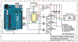 Schemat sterowania taśmą RGB 12 V z Arduino Uno przez konwerter poziomów i trzy MOSFET-y