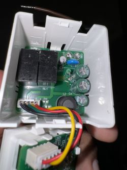 Inside of Tuya 2 Gang Switch with Circuit Board Inside of a Tuya 2 Gang switch showing exposed circuit board and wires.