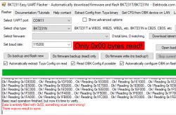 Screen of the BK7231 Easy UART Flasher program displaying the message Only 0x00 bytes read.