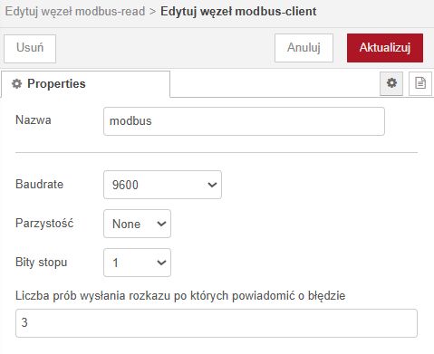 Okno edycji węzła „modbus-client” z ustawieniami portu szeregowego i przyciskiem „Aktualizuj”