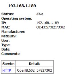 Screenshot of an interface with IoT device information showing status, operating system, IP, and MAC address.