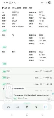 Zrzut ekranu z aplikacji pokazujący parametry sieci LTE-A operatora Plus