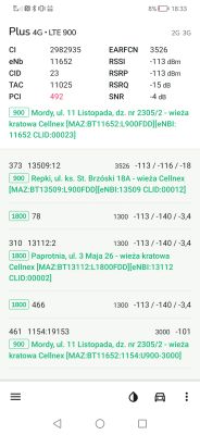 Zrzut ekranu z aplikacji pokazujący szczegóły sygnału sieci Plus 4G LTE na różnych pasmach i lokalizacjach BTS.