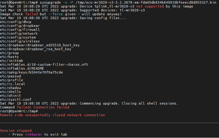 Screenshot of the software upgrade process on an OpenWRT router.