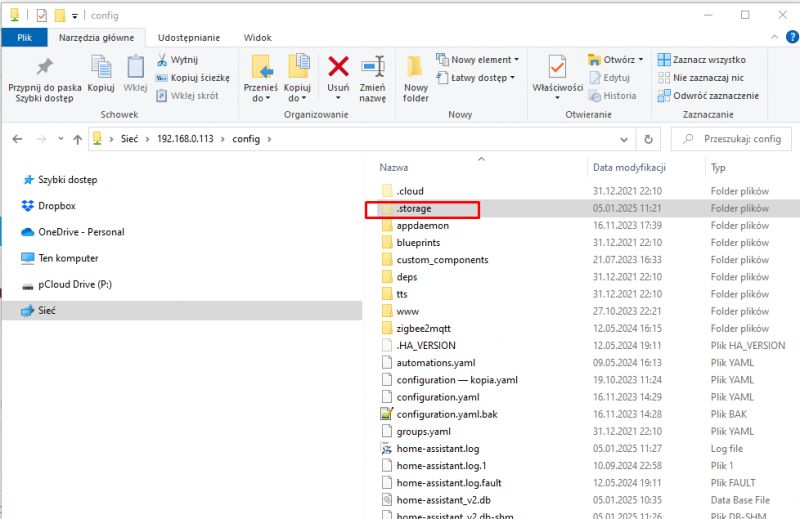 .storage Folder in Config Directory Screenshot of a file manager showing the .storage folder in the config directory.