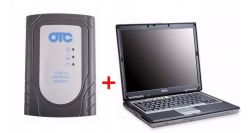 Moduł interfejsu diagnostycznego OTC oraz laptop Dell ustawione obok siebie na białym tle.
