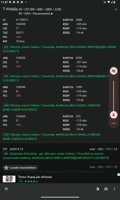Zrzut ekranu z aplikacji pokazujący szczegółowe dane sygnału sieci komórkowej T-Mobile 4G w okolicach Wilczyna i Budzisławia Kościelnego.