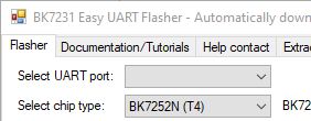 Partial BK7231 Easy UART Flasher window showing UART port selector and chip type set to BK7252N (T4)