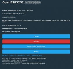 OpenESP32S2 interface screen displaying temperature readings from the DS1820 sensor.
