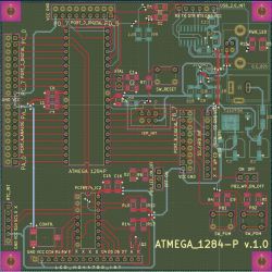 Projekt płytki drukowanej z układem ATMEGA1284-P i różnymi elementami elektronicznymi na tle siatki.