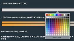 Color LED temperature slider and active RGB settings.