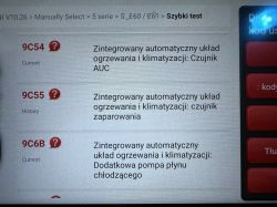 Zrzut ekranu testera diagnostycznego z trzema błędami klimatyzacji i ogrzewania BMW serii 5 E60.