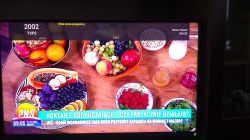 Telewizor pokazujący program TV2 z owocami na ekranie.
