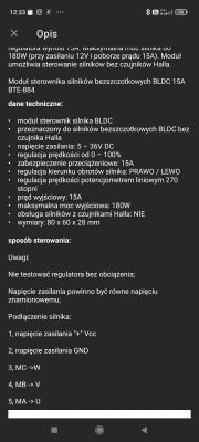 Ekran telefonu z opisem technicznym modułu sterownika silników bezszczotkowych BLDC 15A BTE-884.