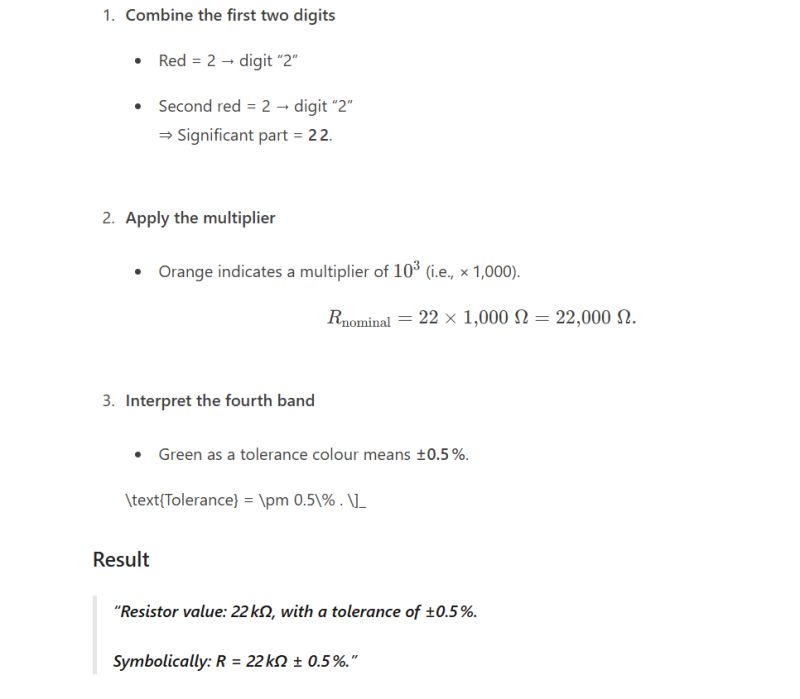 Resistor value calculation: red, red, orange, green 22 kΩ ±0.5%.