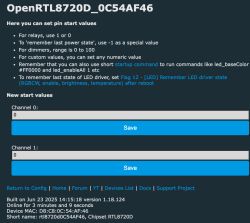 OpenRTL8720D device configuration interface with start values for channels