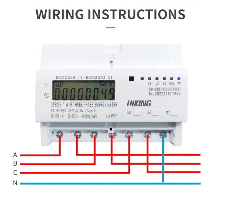 WiFi Three-Phase Energy Meter - Wiring Instructions Three-phase WiFi energy meter with visible wiring instructions.