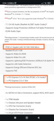 Fragment specyfikacji płyty głównej z oznaczeniem PCIe x1 Gigabit LAN i PCI Express x16 oraz x1.