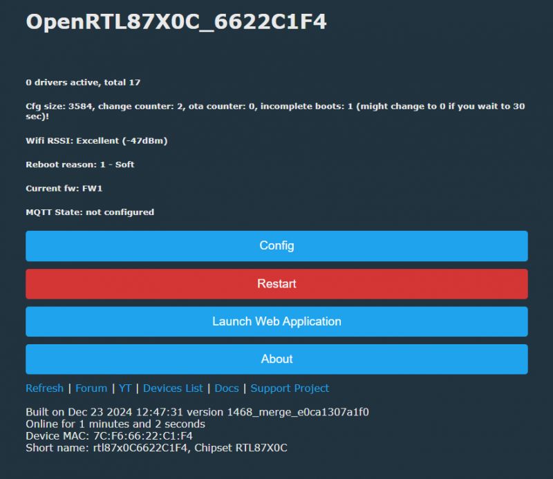 OpenRTL87X0C user interface with device information and function buttons.