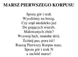 Tekst wiersza pt. „Marsz Pierwszego Korpusu” na białym tle, napisany czarną czcionką.