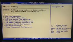 AMI BIOS screen, Advanced Settings tab with options for CPU, IDE, USB, and power management