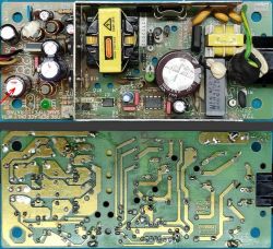Zdjęcie zasilacza elektronicznego z oznaczeniami komponentów i ścieżek.