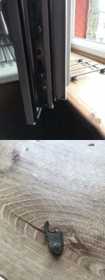 Uszkodzone okucie okienne z lat 90-tych