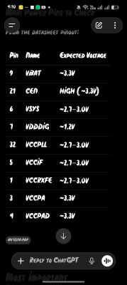 “Main Power Pins to Check” table with expected voltages Phone screenshot of a table listing power pins and expected voltages (e.g., VBAT, VSYS, VCCPLL)
