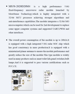 Photo of the MS58-2020D20M4 5.8G radar module showing the circuit board with electronic components and connector labels.