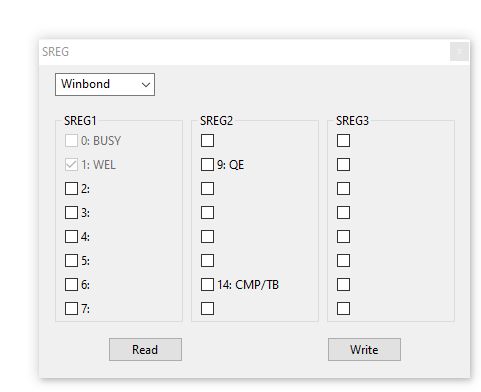 SREG application window with Winbond selected and option 1: WEL checked