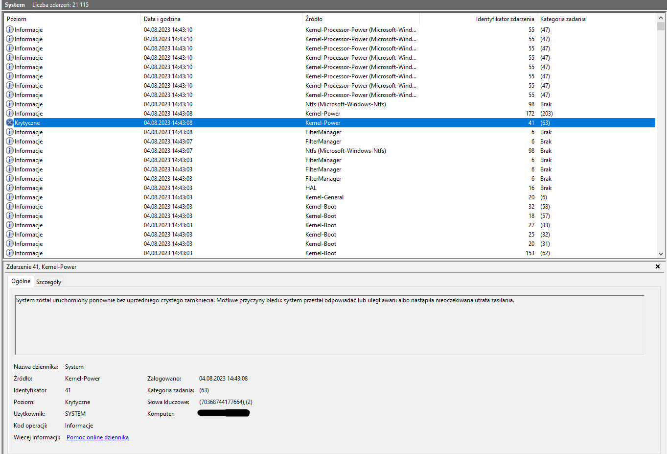 Błąd Kernel-Power 41 (63) - Komputer losowo sie wyłącza