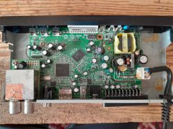 Interior of DVB-T tuner showing PCB with various electronic components