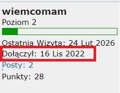 Zrzut ekranu profilu: „Ostatnia wizyta: 24 Lut 2026” i „Dołączył: 16 Lis 2022”.