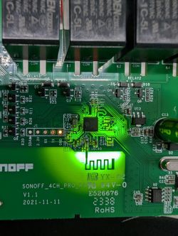Sonoff 4CH Pro R3 circuit board with visible electronic components and markings.