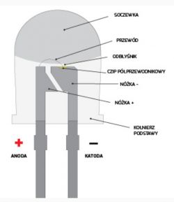Schemat diody LED z opisanymi elementami.