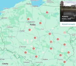 Mapa Polski z zaznaczonymi lokalizacjami nadajników radiowych w formie czerwonych ikon.