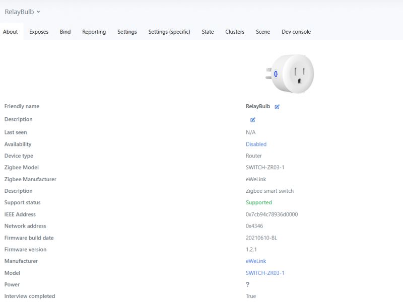 RelayBulb Zigbee Device Settings Interface Settings interface for Zigbee device - RelayBulb.