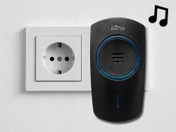 Wireless Doorbell Media-Tech in Outlet Black wireless doorbell Media-Tech plugged into an electrical outlet.