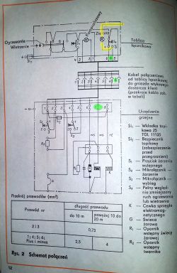 Schemat elektryczny urządzenia grzewczego z podświetlonymi przewodami i oznaczeniami.