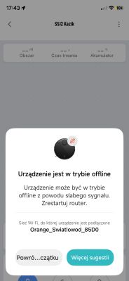 Zrzut ekranu aplikacji z komunikatem „Urządzenie jest w trybie offline” dla robota sprzątającego