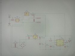 Schemat elektroniczny z mostkiem prostowniczym, NE555 i zasilaczem 5V