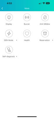 Mobile app screen with icons for functions: display, buzzer, anti-mildew, GEN mode, health, reservation, and self-diagnosis.