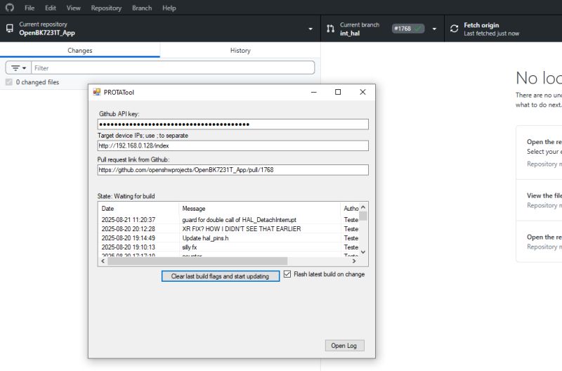 PROTATool displaying build state and GitHub configuration PROTATool window showing commit history and GitHub pull request input