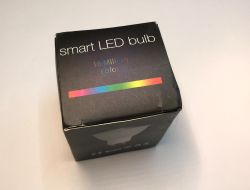 Smart LED Bulb RGB Packaging Black cardboard box of a smart LED bulb with the text smart LED bulb and a colorful stripe.
