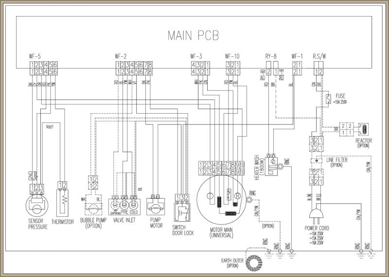 Wiring diagram of the main printed circuit board (PCB) with electrical component labels.